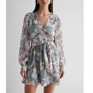 EXPRESS: FLORAL PRINT LONG
SLEEVE TIE WAIST MINI
DRESS